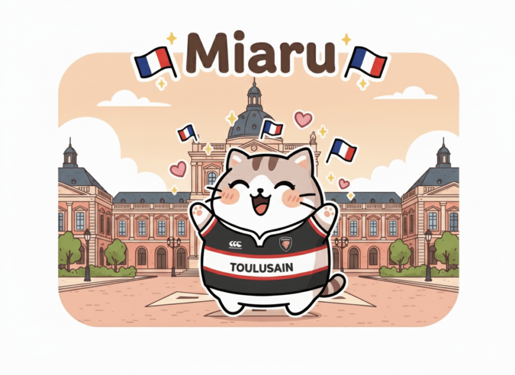 Mascotte Miaru devant un monument de Toulouse. Notre boutique kawaii française.